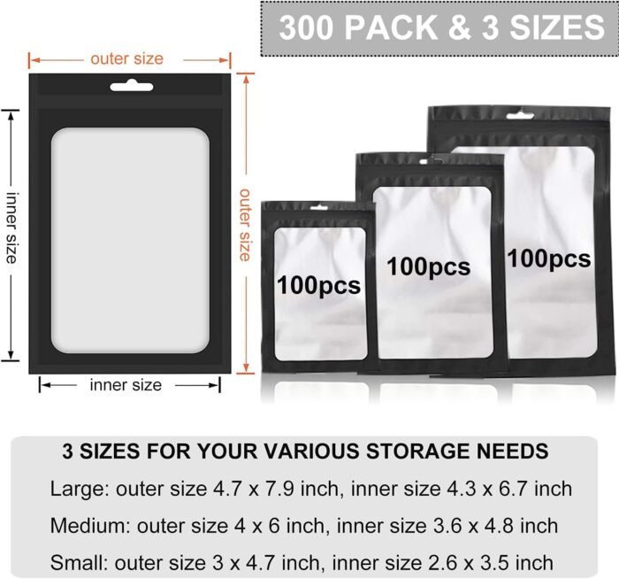 300 Pack 3 Sizes Resealable Mylar Bags F - Image 3