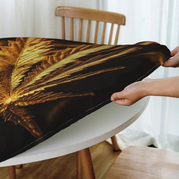 Golden Cannabis Tablecloth Round Fitted - Image 4