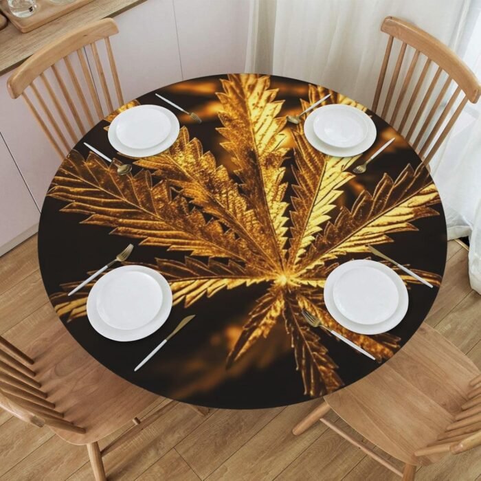 Golden Cannabis Tablecloth Round Fitted - Image 3