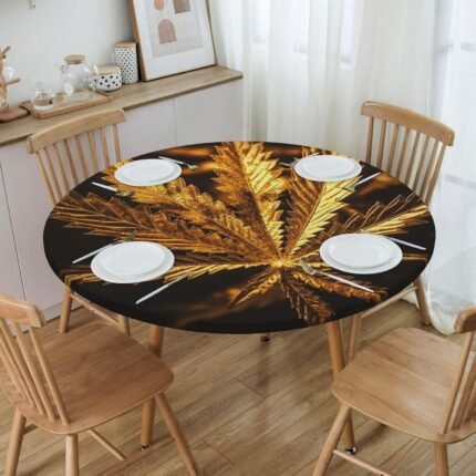 Golden Cannabis Tablecloth Round Fitted